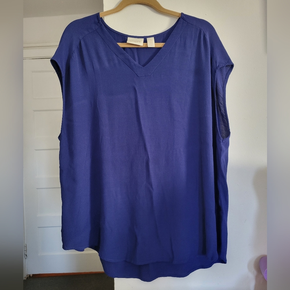 Chicos Bussiness Casual ladies blouse Sleeveles Sz 3 Blue V Neckline
